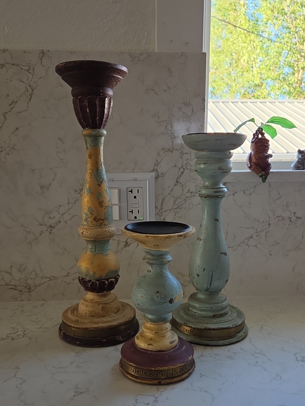 Blessings Unlimited DistressedWood Candlestick Set - Teal, Gold, Brown, Burgandy